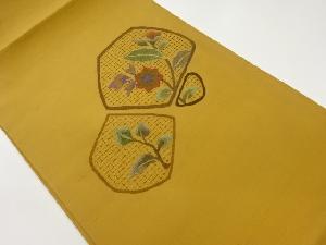 手織り紬汕頭相良刺繍花葉に幾何学模様織出し開き名古屋帯（額縁仕立て）